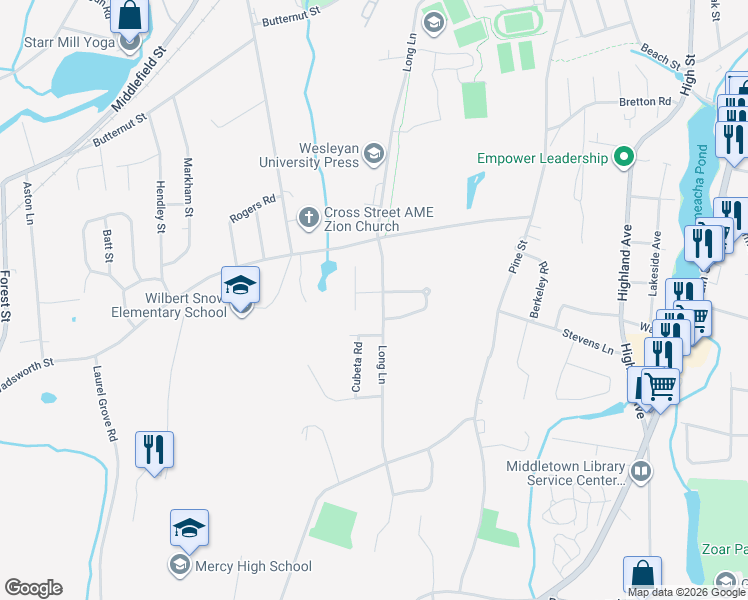 map of restaurants, bars, coffee shops, grocery stores, and more near 428 Long Lane in Middletown