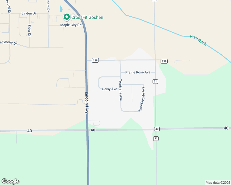 map of restaurants, bars, coffee shops, grocery stores, and more near 16292 Daisy Avenue in Goshen