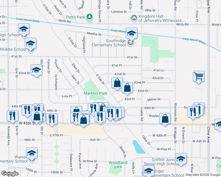 map of restaurants, bars, coffee shops, grocery stores, and more near 9504 O Day Dr in Highland