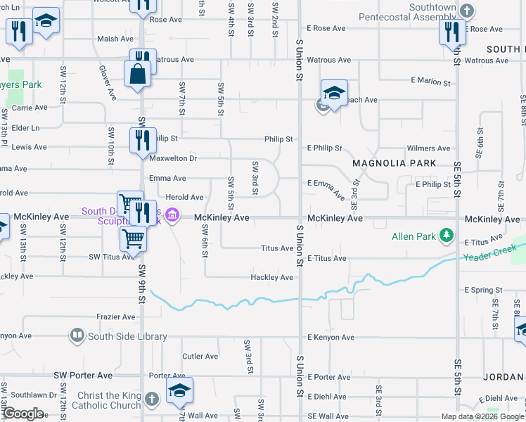 map of restaurants, bars, coffee shops, grocery stores, and more near 208 McKinley Avenue in Des Moines