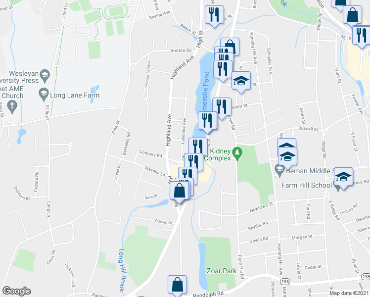 map of restaurants, bars, coffee shops, grocery stores, and more near 156 Lakeside Avenue in Middletown