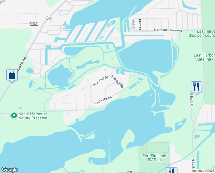 map of restaurants, bars, coffee shops, grocery stores, and more near 1185 Catawba Bay Drive in Port Clinton