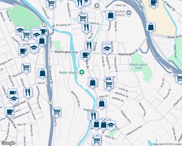 map of restaurants, bars, coffee shops, grocery stores, and more near 1085 South Main Street in Waterbury