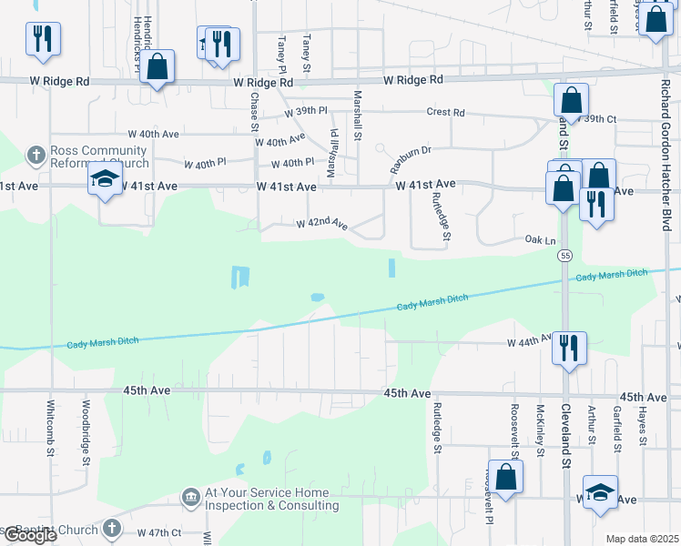 map of restaurants, bars, coffee shops, grocery stores, and more near in Gary