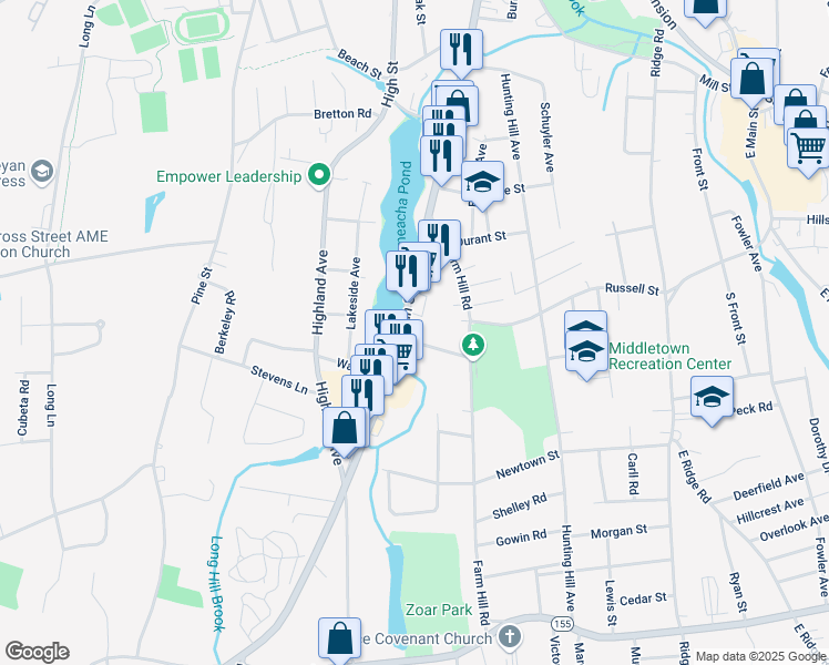 map of restaurants, bars, coffee shops, grocery stores, and more near 578 South Main Street in Middletown