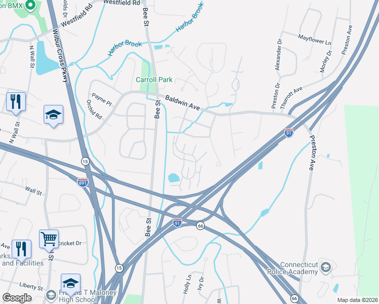 map of restaurants, bars, coffee shops, grocery stores, and more near 215 Metacomet Drive in Meriden