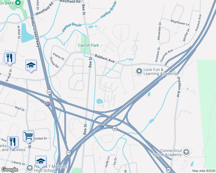 map of restaurants, bars, coffee shops, grocery stores, and more near 215 Metacomet Drive in Meriden
