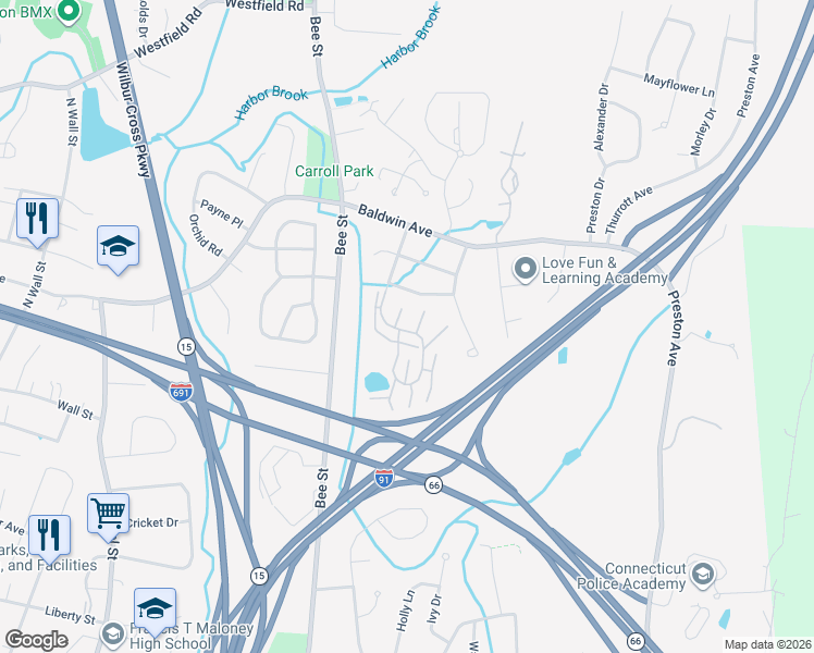 map of restaurants, bars, coffee shops, grocery stores, and more near 215 Metacomet Drive in Meriden