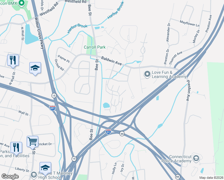 map of restaurants, bars, coffee shops, grocery stores, and more near 215 Metacomet Drive in Meriden