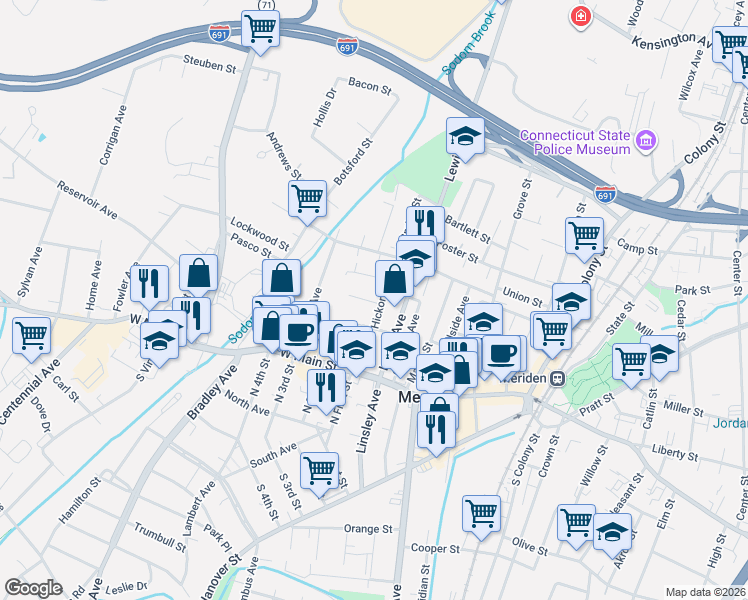 map of restaurants, bars, coffee shops, grocery stores, and more near 24 Garden Street in Meriden