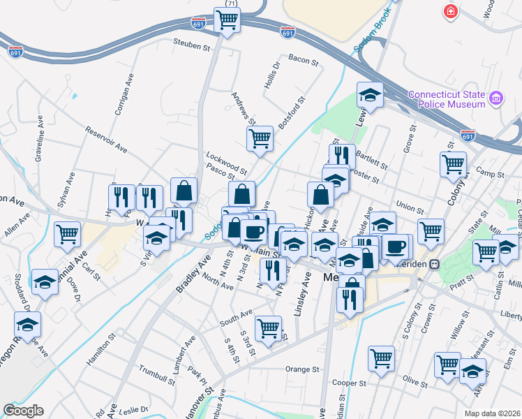 map of restaurants, bars, coffee shops, grocery stores, and more near 57 Windsor Avenue in Meriden