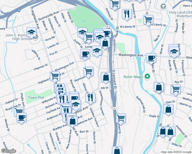 map of restaurants, bars, coffee shops, grocery stores, and more near 1162 Bank Street in Waterbury