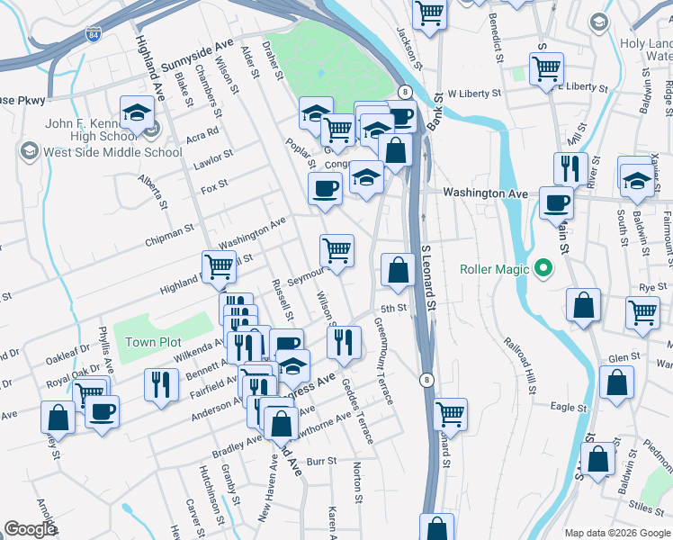 map of restaurants, bars, coffee shops, grocery stores, and more near 332 Congress Avenue in Waterbury
