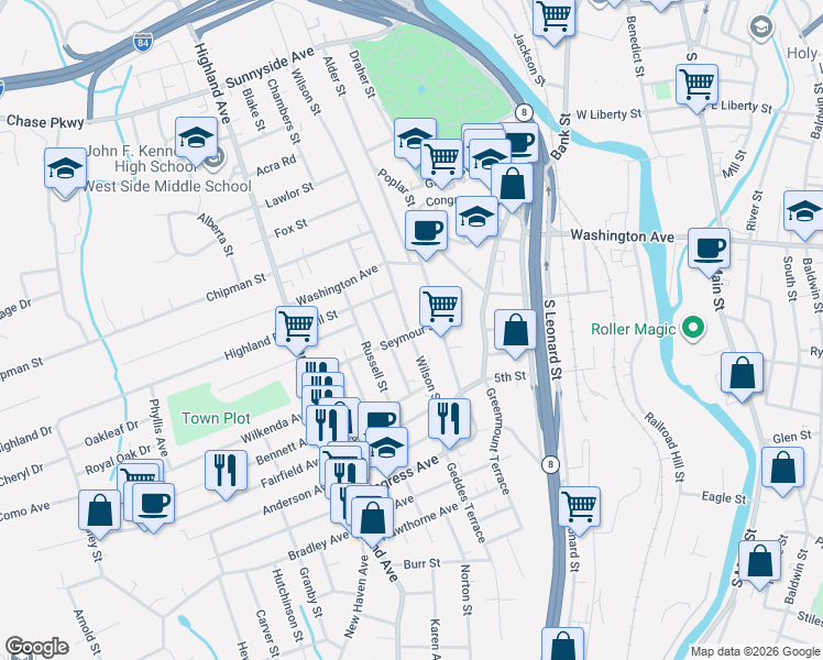 map of restaurants, bars, coffee shops, grocery stores, and more near 64 Seymour Street in Waterbury