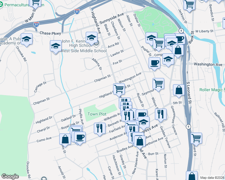 map of restaurants, bars, coffee shops, grocery stores, and more near 612 Highland Avenue in Waterbury