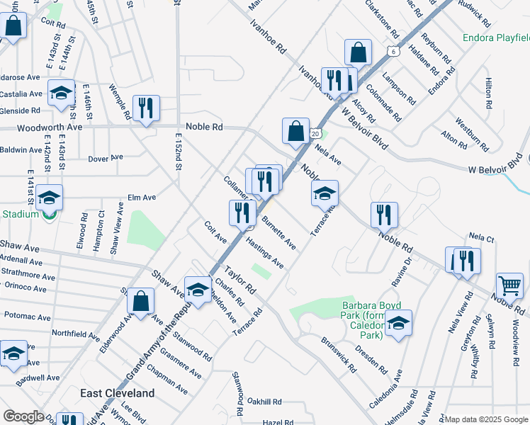 map of restaurants, bars, coffee shops, grocery stores, and more near 15776 Euclid Avenue in East Cleveland
