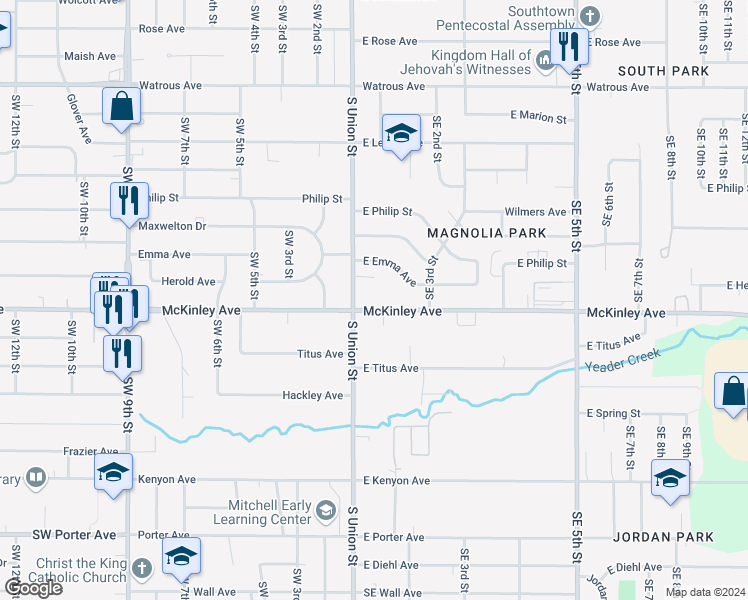 map of restaurants, bars, coffee shops, grocery stores, and more near 40 East McKinley Avenue in Des Moines