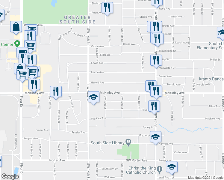 map of restaurants, bars, coffee shops, grocery stores, and more near 1214 McKinley Avenue in Des Moines
