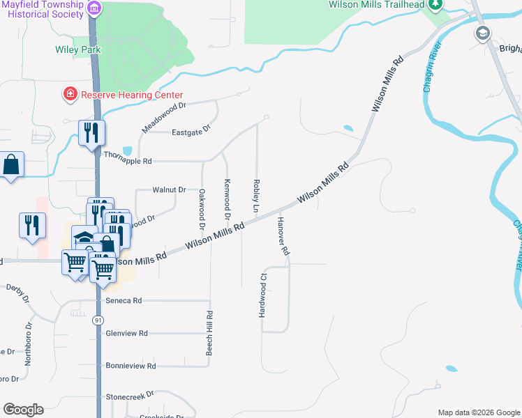 map of restaurants, bars, coffee shops, grocery stores, and more near 6928 Wilson Mills Road in Gates Mills