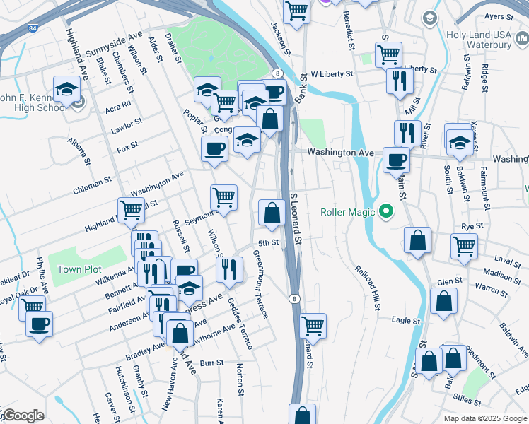 map of restaurants, bars, coffee shops, grocery stores, and more near 3rd Street in Waterbury