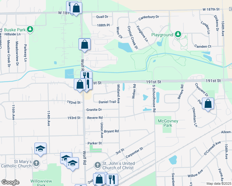 map of restaurants, bars, coffee shops, grocery stores, and more near 19144 Midland Avenue in Mokena