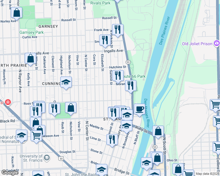 map of restaurants, bars, coffee shops, grocery stores, and more near 919 Summit Street in Joliet