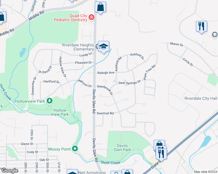 map of restaurants, bars, coffee shops, grocery stores, and more near 3614 Deer Springs Drive in Bettendorf