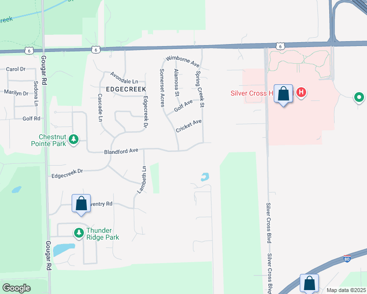 map of restaurants, bars, coffee shops, grocery stores, and more near 3500 Blandford Avenue in New Lenox