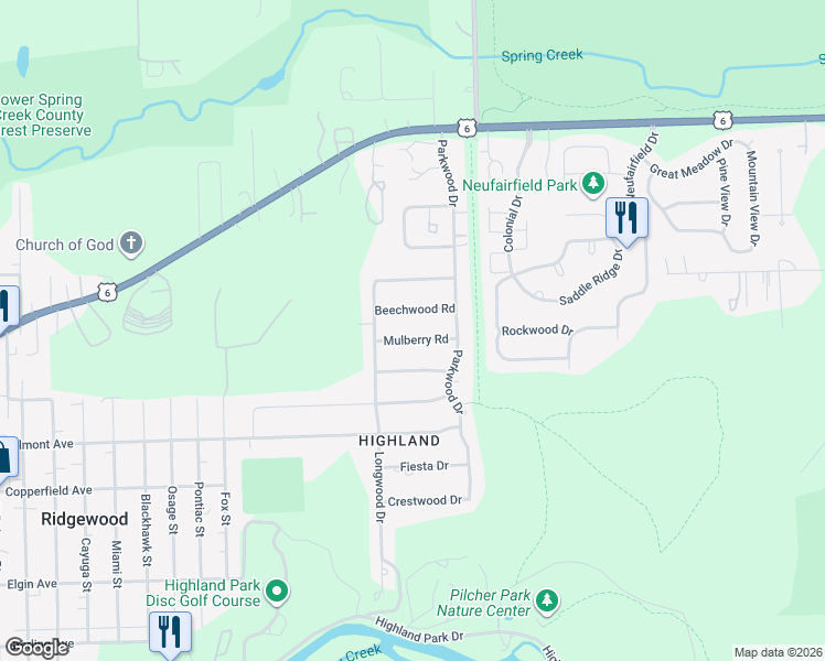 map of restaurants, bars, coffee shops, grocery stores, and more near 2208 Mulberry Road in Joliet