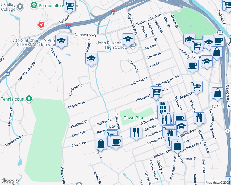 map of restaurants, bars, coffee shops, grocery stores, and more near 305 Chipman Street in Waterbury