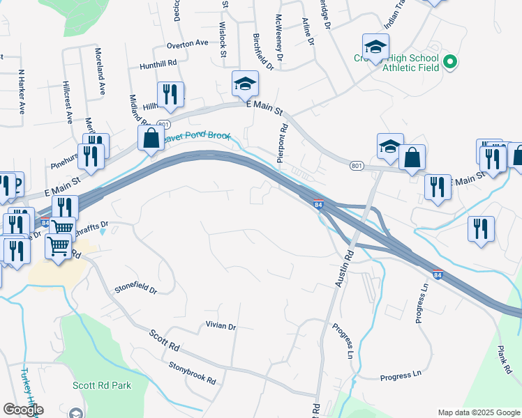 map of restaurants, bars, coffee shops, grocery stores, and more near 11 Broadway Street in Waterbury