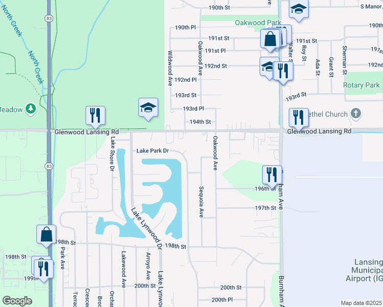 map of restaurants, bars, coffee shops, grocery stores, and more near 19500 Sequoia Avenue in Chicago Heights