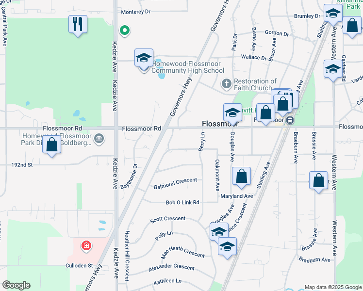 map of restaurants, bars, coffee shops, grocery stores, and more near 2936 Sunset Avenue in Flossmoor