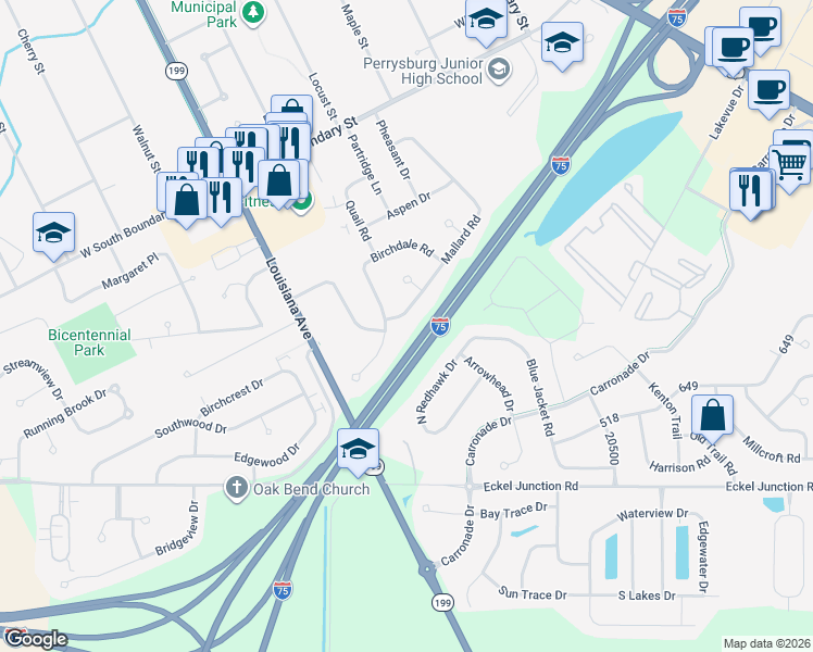 map of restaurants, bars, coffee shops, grocery stores, and more near Interstate 75 in Perrysburg