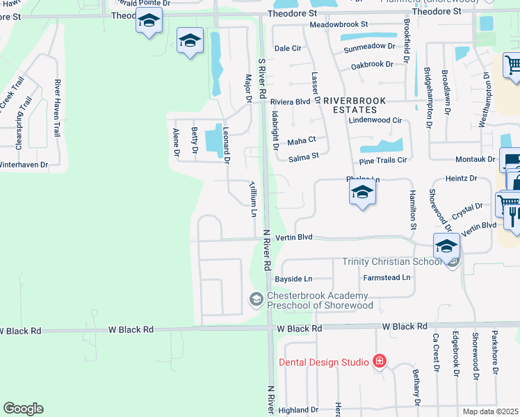 map of restaurants, bars, coffee shops, grocery stores, and more near 1009 Trillium Lane in Shorewood