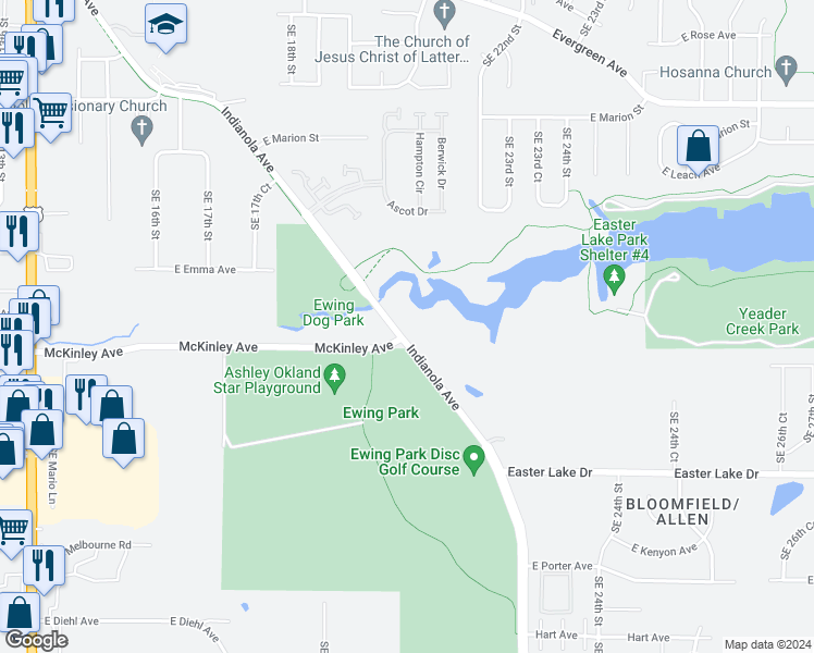 map of restaurants, bars, coffee shops, grocery stores, and more near 4716 Indianola Avenue in Des Moines