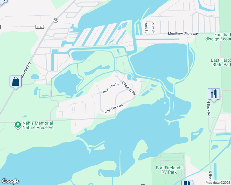 map of restaurants, bars, coffee shops, grocery stores, and more near 1185 Catawba Bay Drive in Port Clinton