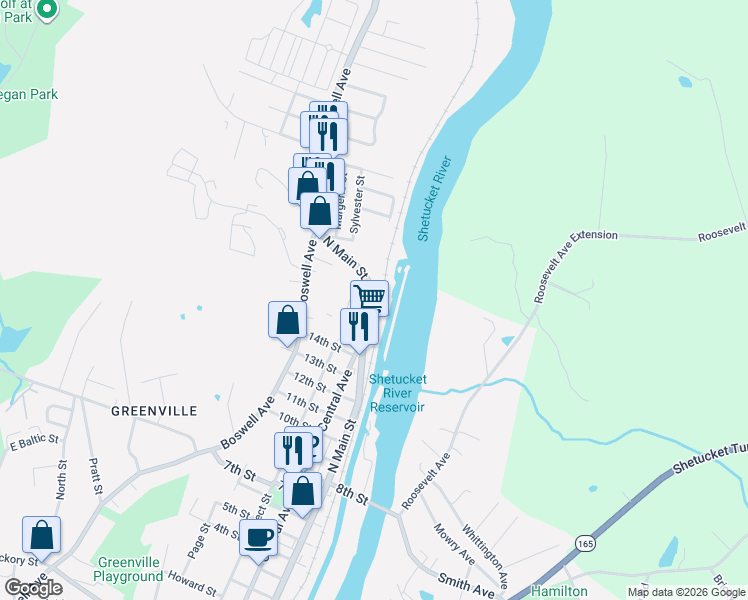 map of restaurants, bars, coffee shops, grocery stores, and more near 665 North Main Street in Norwich