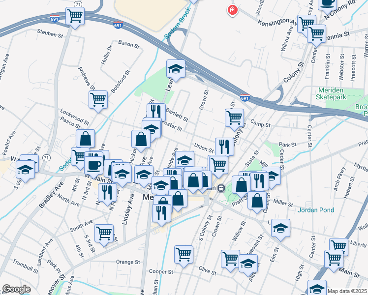 map of restaurants, bars, coffee shops, grocery stores, and more near 141 Grove Street in Meriden