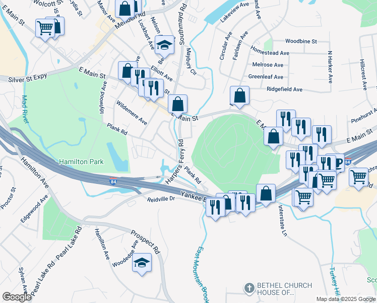 map of restaurants, bars, coffee shops, grocery stores, and more near 121 Harpers Ferry Road in Waterbury