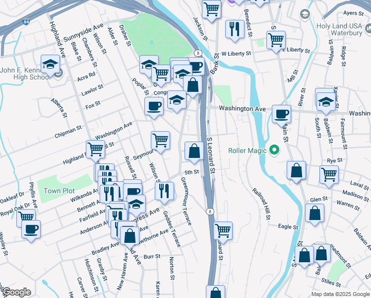 map of restaurants, bars, coffee shops, grocery stores, and more near 28 3rd Street in Waterbury