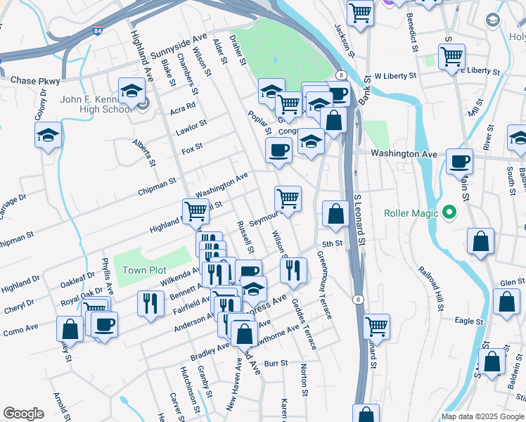 map of restaurants, bars, coffee shops, grocery stores, and more near 64 Seymour Street in Waterbury