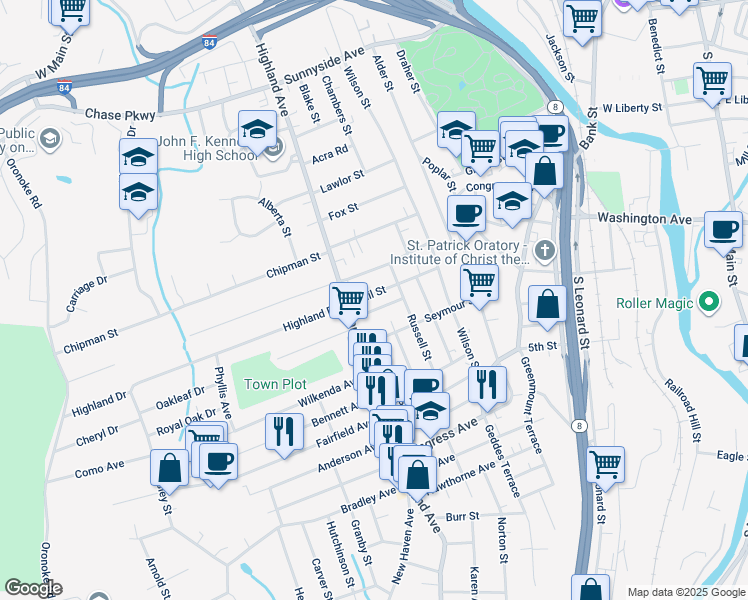 map of restaurants, bars, coffee shops, grocery stores, and more near 41 Suncrest Avenue in Waterbury