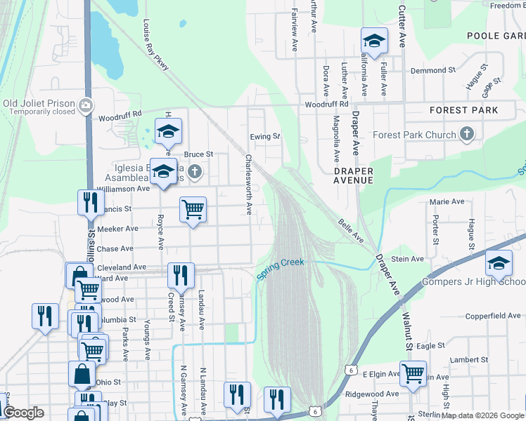 map of restaurants, bars, coffee shops, grocery stores, and more near 809 Meeker Avenue in Joliet