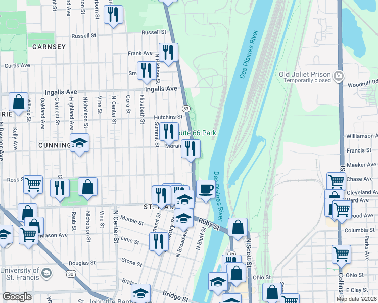 map of restaurants, bars, coffee shops, grocery stores, and more near 919 North Broadway Street in Joliet