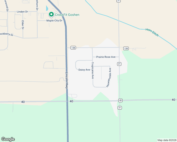 map of restaurants, bars, coffee shops, grocery stores, and more near 16292 Daisy Avenue in Goshen