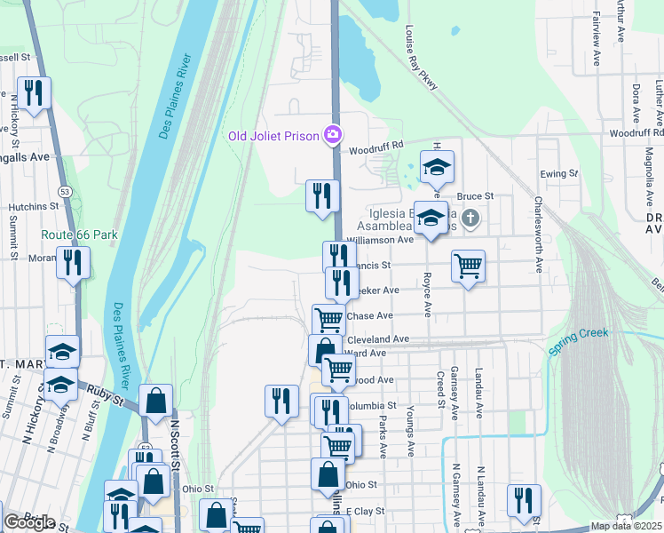 map of restaurants, bars, coffee shops, grocery stores, and more near 927 Collins Street in Joliet