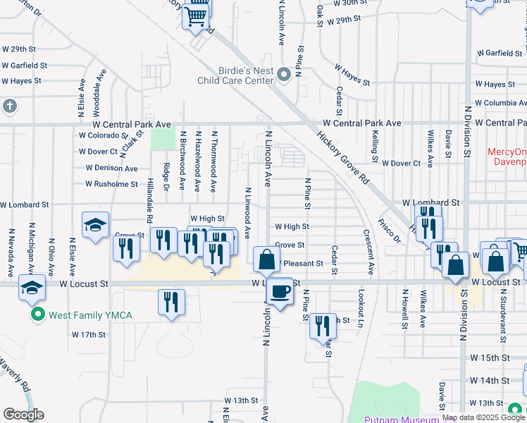map of restaurants, bars, coffee shops, grocery stores, and more near 2405 West Lombard Street in Davenport