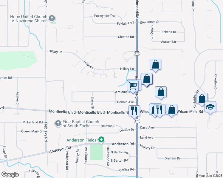 map of restaurants, bars, coffee shops, grocery stores, and more near 4881 Geraldine Avenue in Richmond Heights