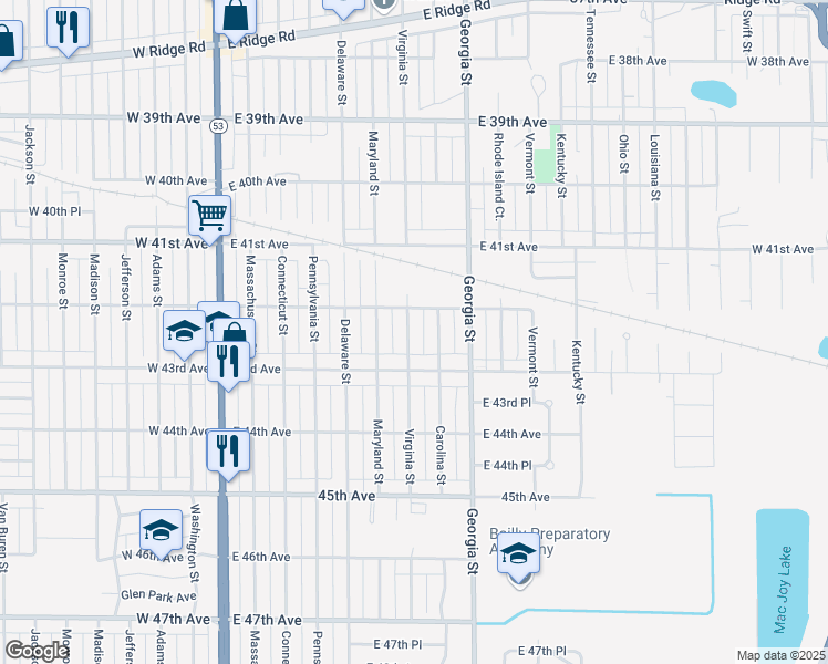 map of restaurants, bars, coffee shops, grocery stores, and more near 4233 Virginia Street in Gary